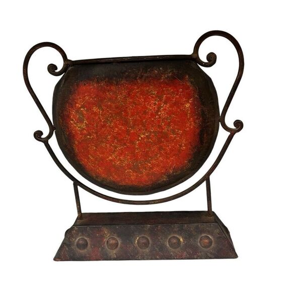 Rustic Brown Metal Tabletop Decor Gong Style Metal Art Center Piece Distressed - Picture 4 of 10